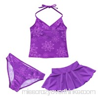 ACSUSS Girls' 3 Pieces Tankini Floral Printed Halter Crop Tops Bottoms Tutu Skirt Swimwear Beachwear Purple B07JPXC31K